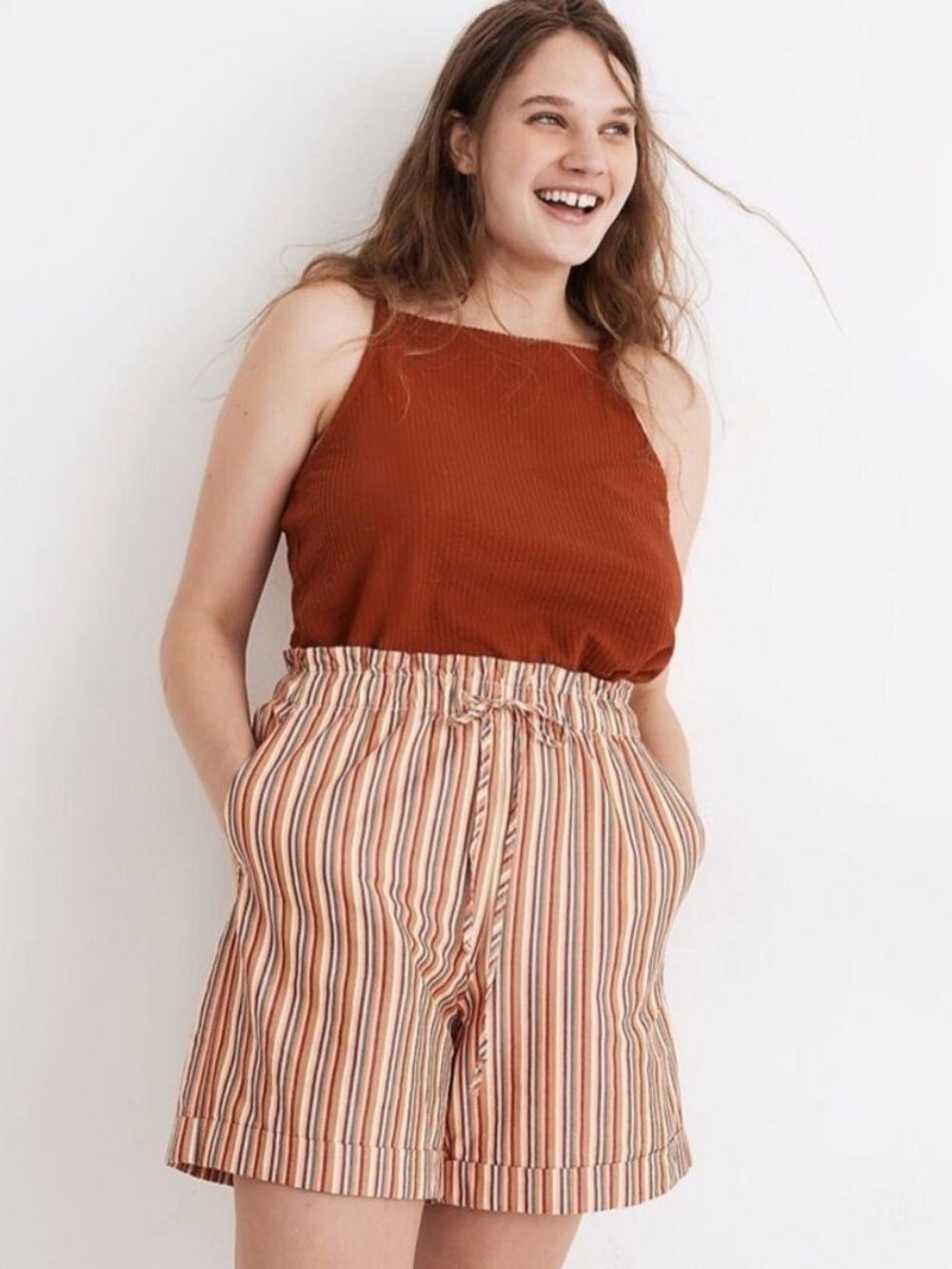 madewell colorful striped mid length shorts